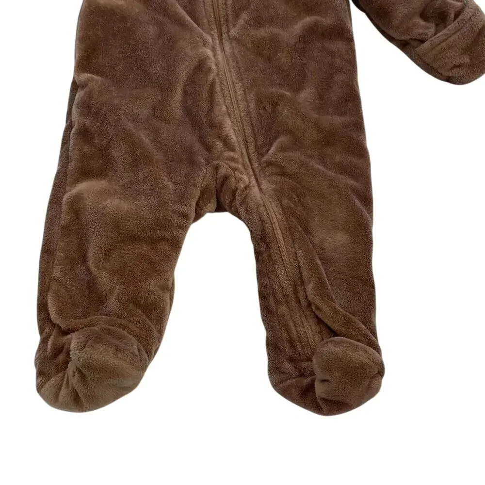 Unisex Brown Bear Fleece Outerwear, Bunting, One-Piece, Hooded Romper 6-9 Mos.